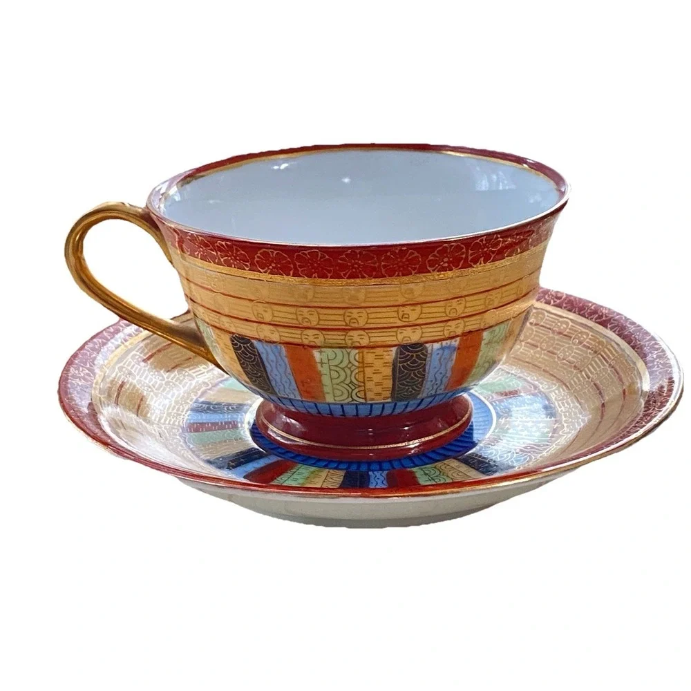 VTG Japanese Kutani Thousand Faces Handpainted Bone China Cup & Saucer Set Japan